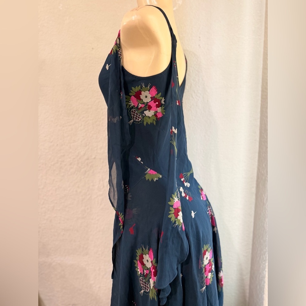 celia birtwell for Express Teal Floral Tiered Maxi Dress 100% silk lining Sz 6 - Picture 9 of 14